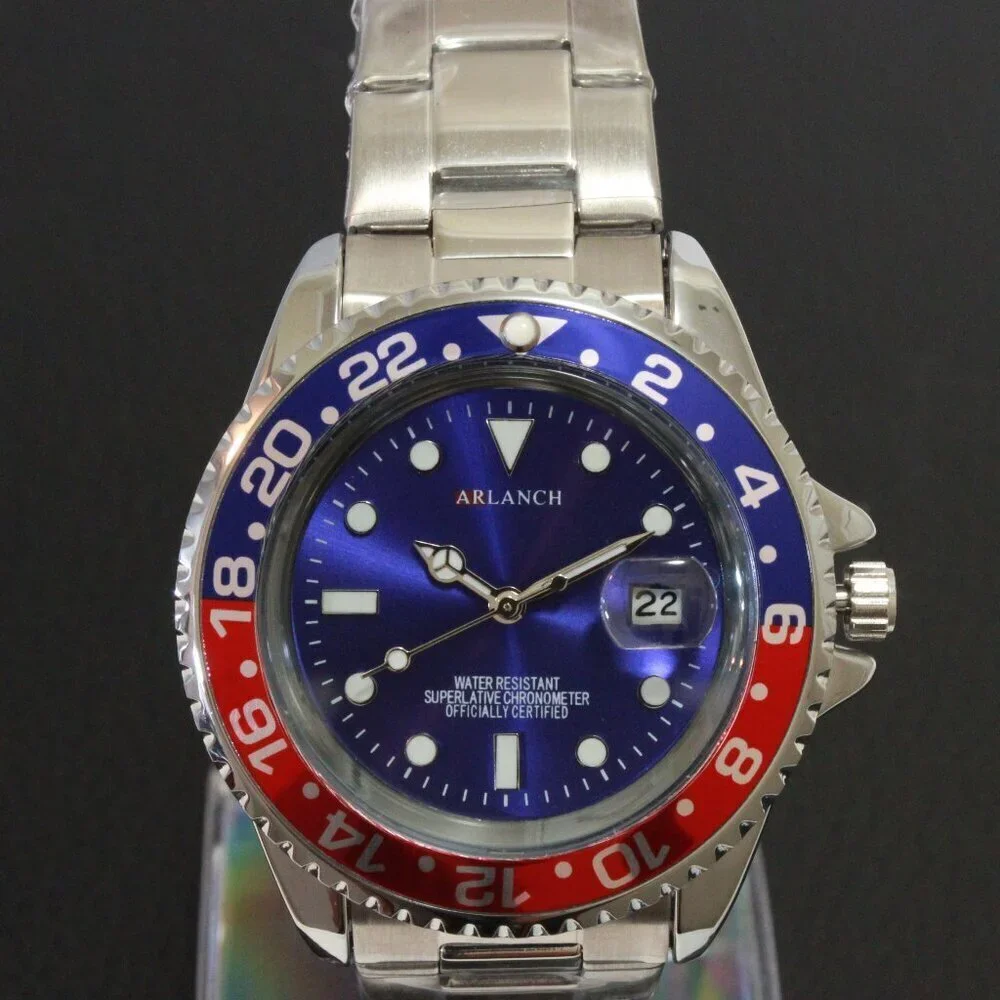Men's Diver Style Watch Pepsi Bezel Stainless Bracelet 40mm